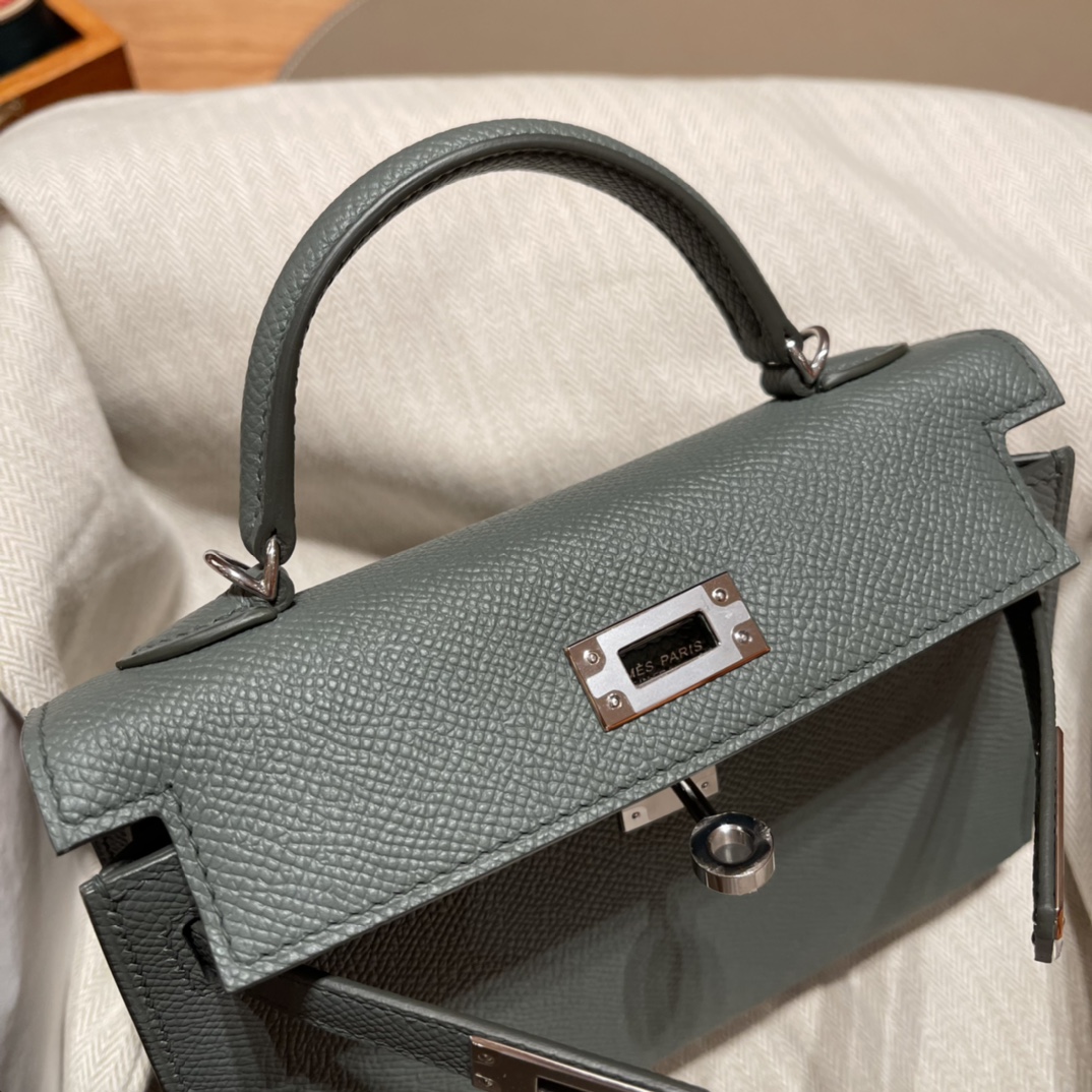 에르메스 미니 켈리백19 그레이그린 은장 앱송